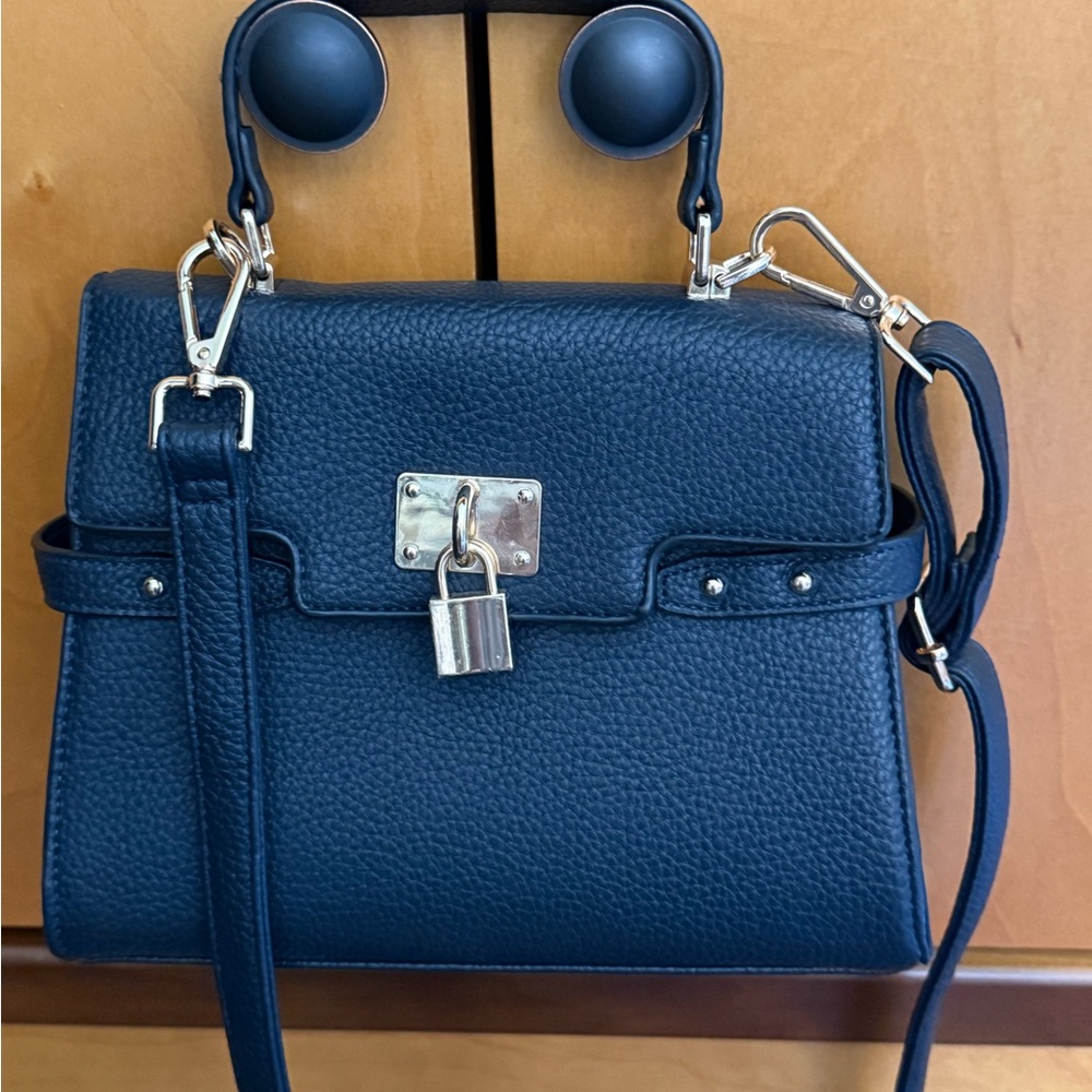 Leather Top-Handle Crossbody Bag in Navy with Lock Accent